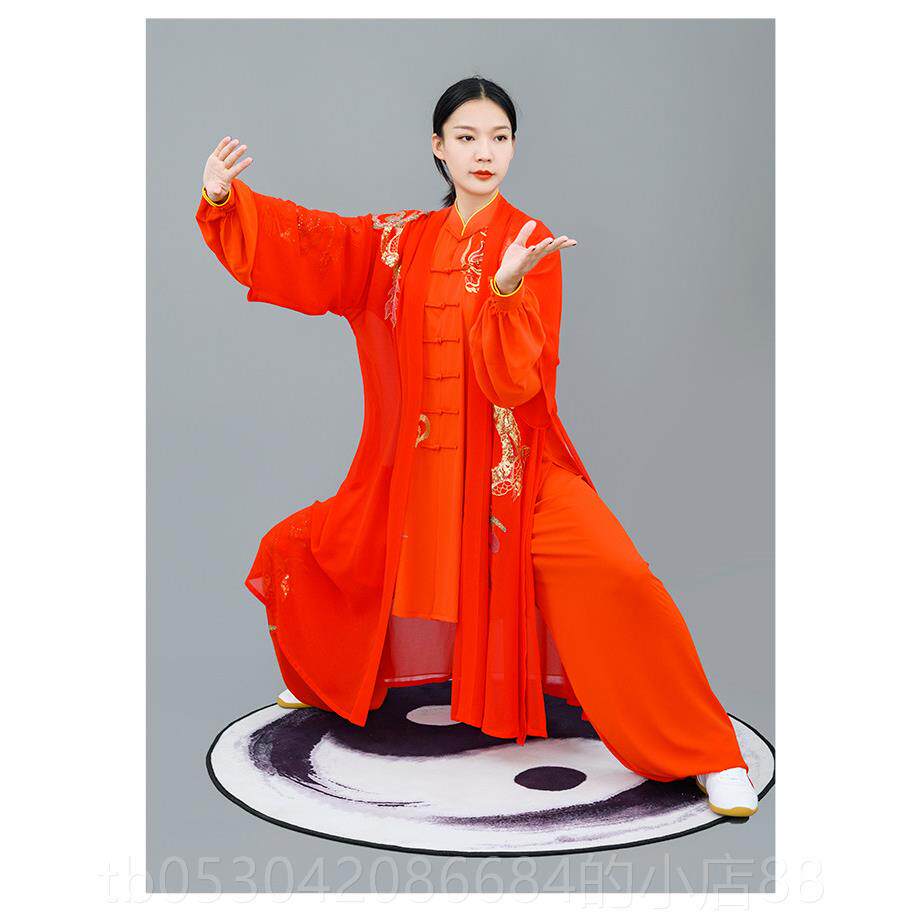 正品蕾极春夏款男女式长黑红色太极服定制练功服贴马纱绣太龙表演