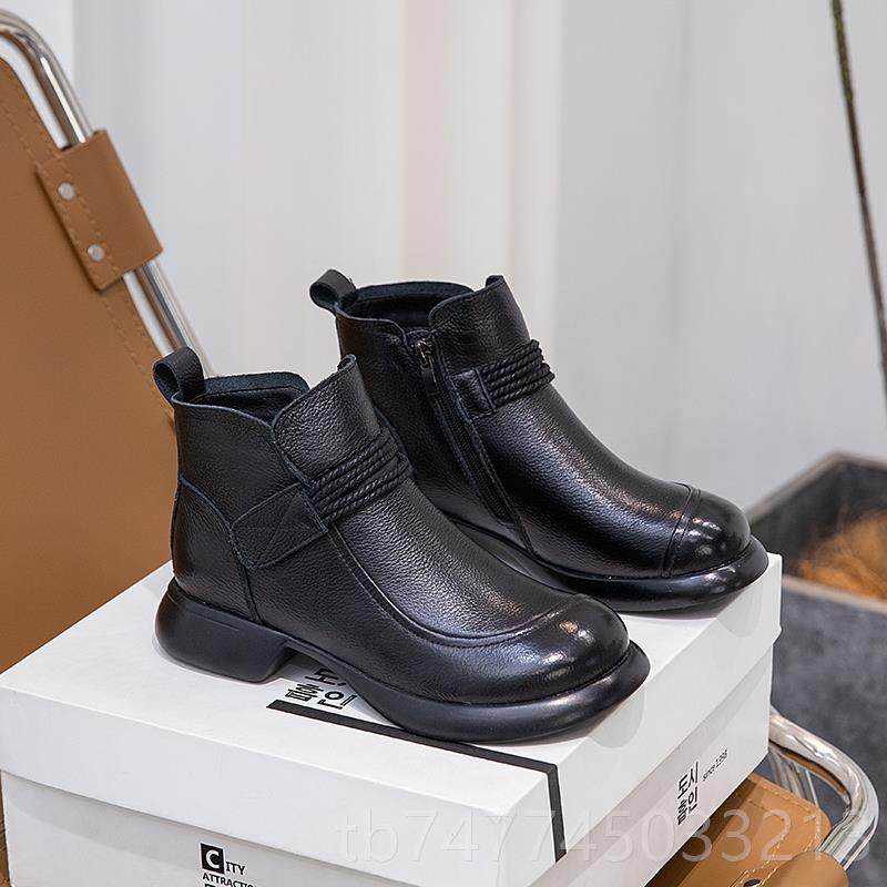 新款全皮皮女靴新子秋冬款休闲 覆古加绒保暖平软真底短牛靴女式