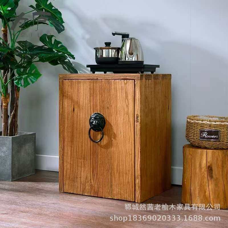 新中式老榆木收纳柜做旧老门板茶水柜实木可移动斗柜餐边柜床头柜