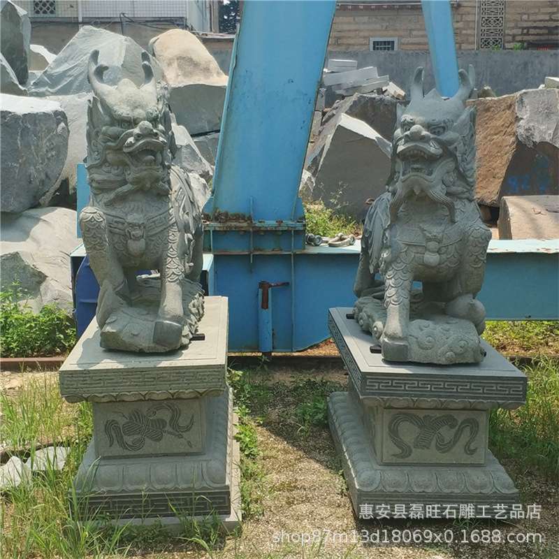 石雕麒麟庭院室外吉祥青石神兽装饰摆件口门 别墅装饰晚霞红麒麟