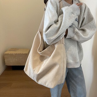 复古单肩包大容量灯芯绒包包女2025新款百搭布兜子条纹托特斜跨包