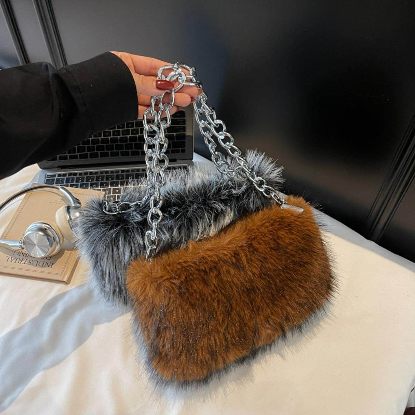 毛绒包包女2025秋冬新款毛毛包女士时尚编织链条单肩包休闲斜挎包