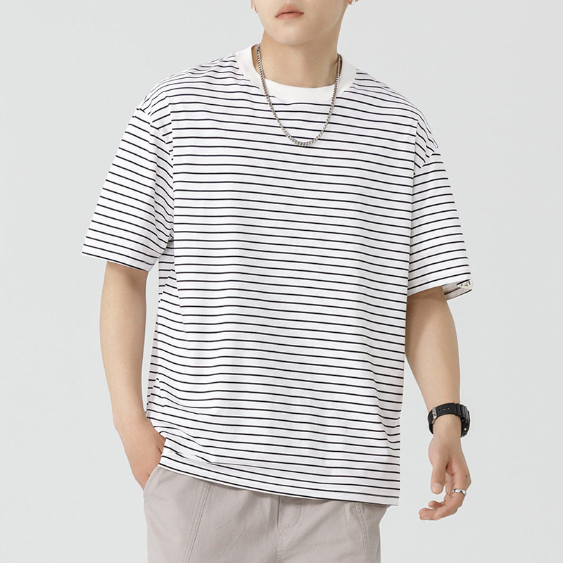 休闲风T恤男装条纹t恤情侣装夏季新款休闲宽松海魂衫短袖体恤上衣