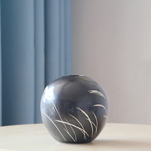 干花花瓶现代简约三件套黑色陶瓷花瓶花插 欧式摆件装饰创意 芦苇