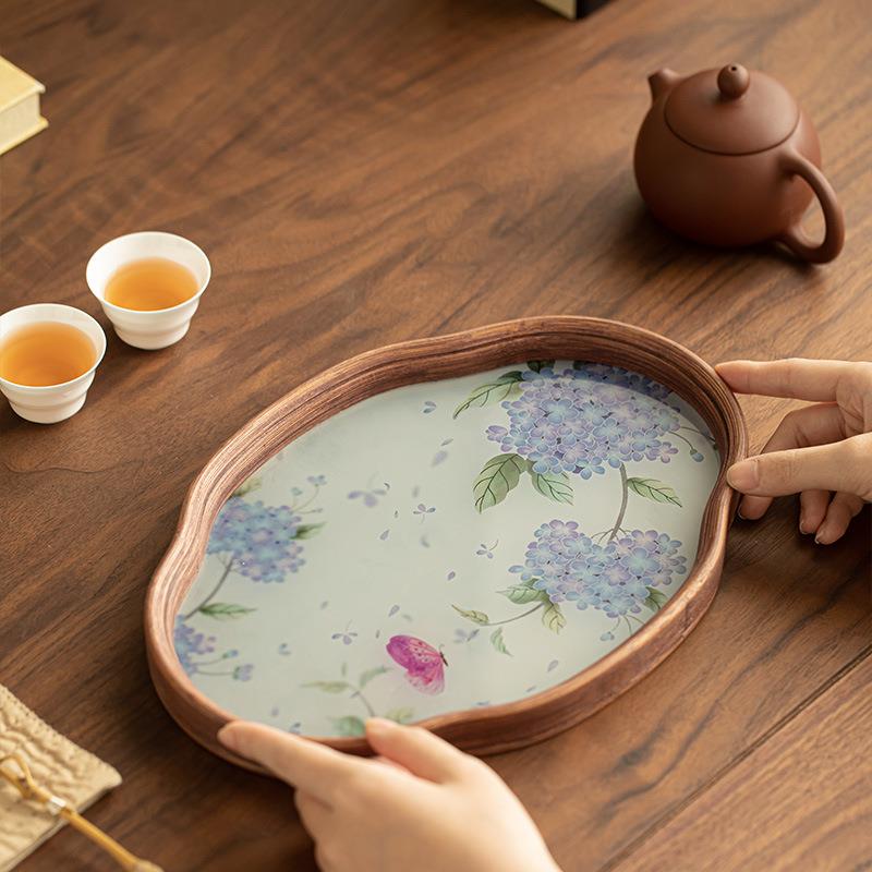 风绣球花竹制玻配A12587璃茶茶盘干泡盘海棠托壶承托盘精致收纳茶