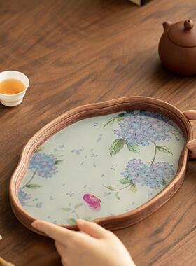 风绣球花竹制玻配A12587璃茶茶盘干泡盘海棠托壶承托盘精致收纳茶