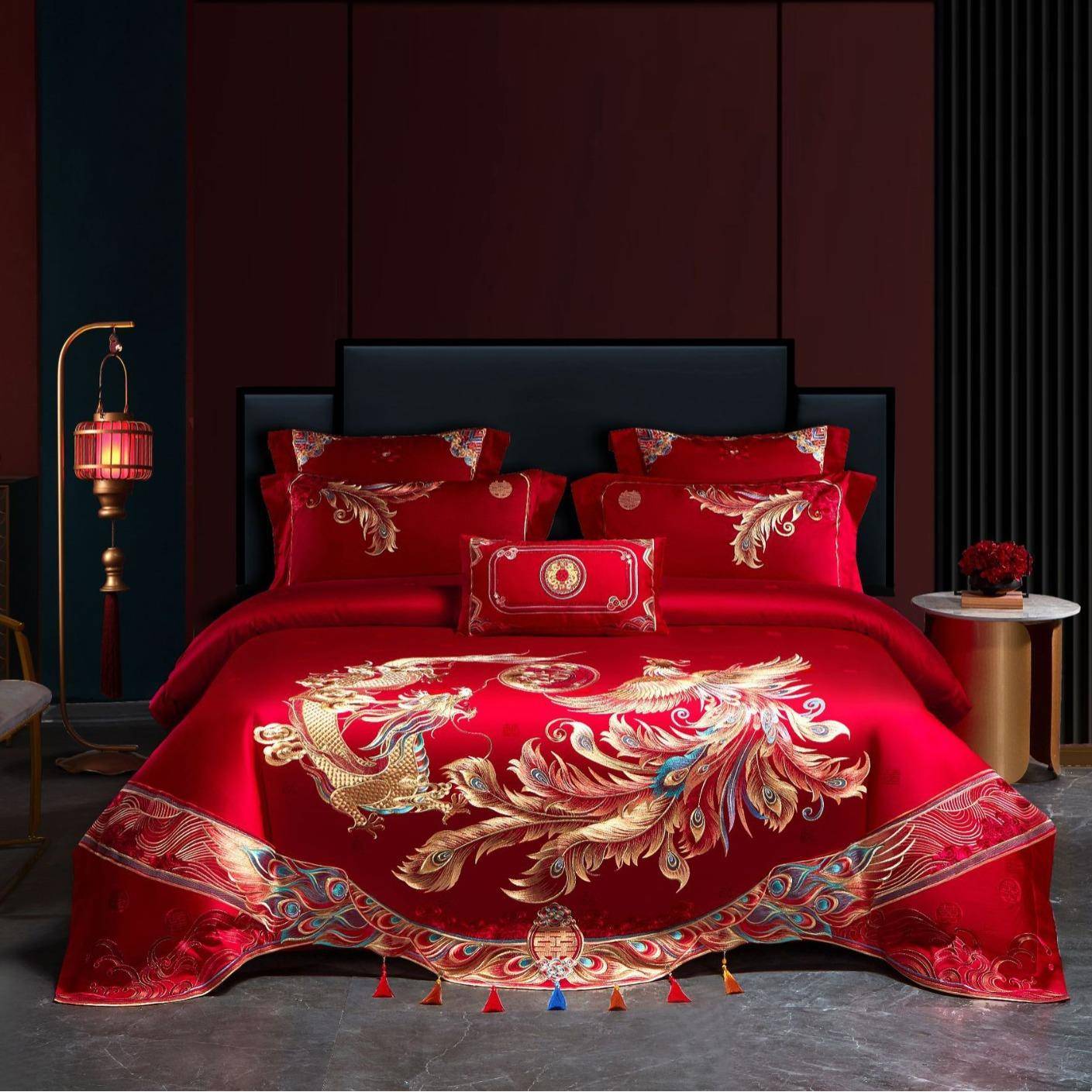 红色全四件龙凤结婚床棉上用品陪嫁男套方结YM1013婚件套长六绒棉