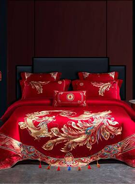 红色全四件龙凤结婚床棉上用品陪嫁男套方结YM1013婚件套长六绒棉