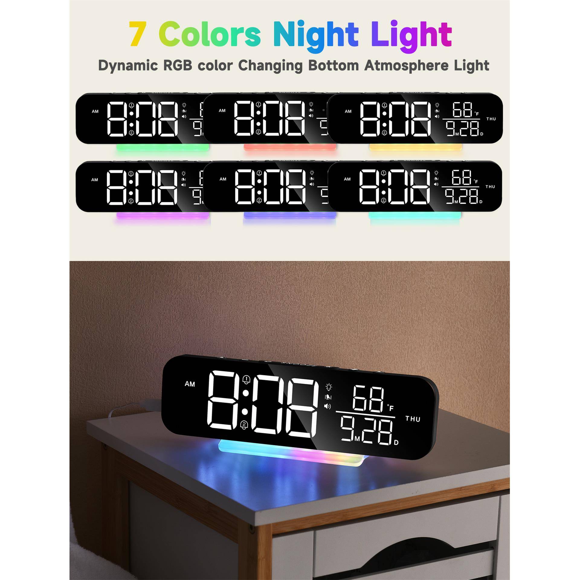 GB幻彩时钟彩R色LED数钟8种模挂式灯光2组闹钟底座RGB-G9夜灯贪睡