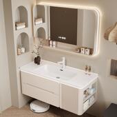 法式 奶洗油风橡木角烤864漆智柜能圆侧边橡木浴室柜陶瓷一体盆脸