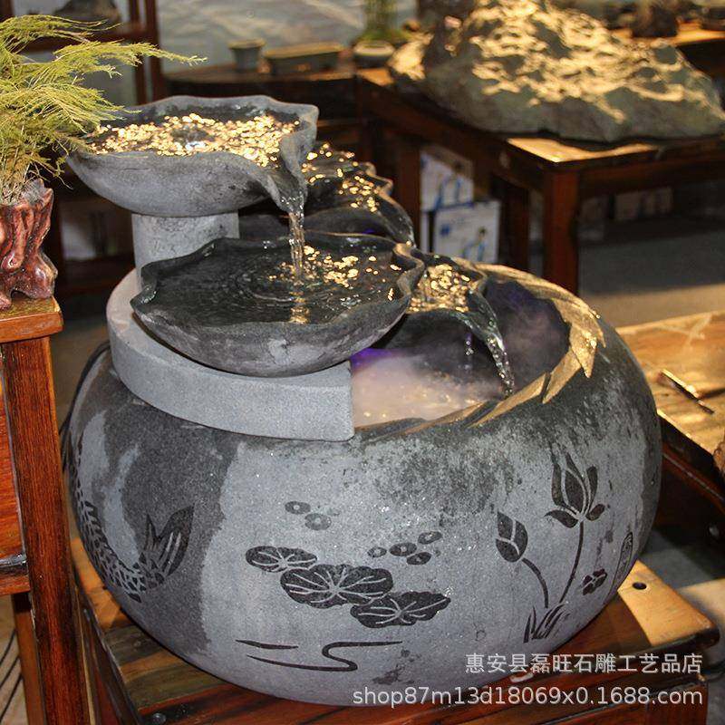 现货石摆广雕流水荷花款室内别墅酒lw386店场圆形跌水件盆装饰