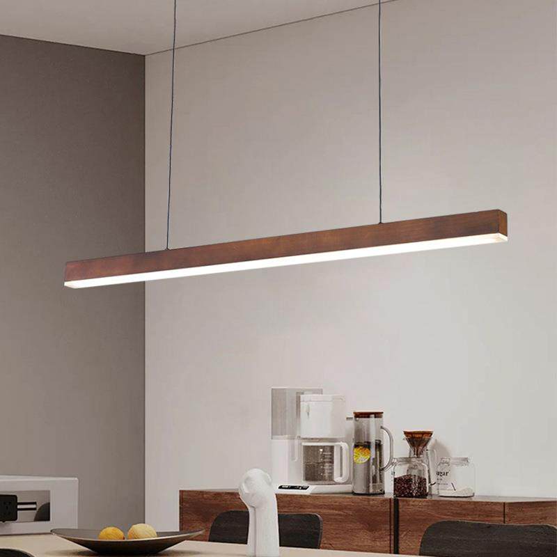 胡桃木茶色餐吊702灯简约护眼极简餐桌厅灯新中式实木一字长条室