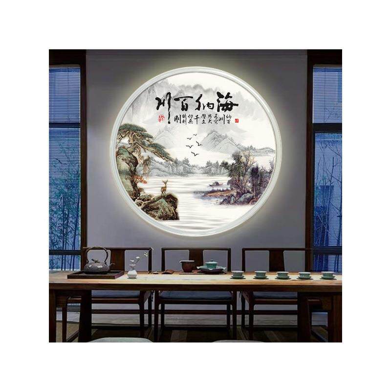 入壁户圆形玄关SBO装饰画迎客山水松挂画新中式画走廊过道灯发光