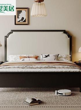 法式古复古实PDV包床奶油双软人大床主卧婚床中木风床黑色实木皮