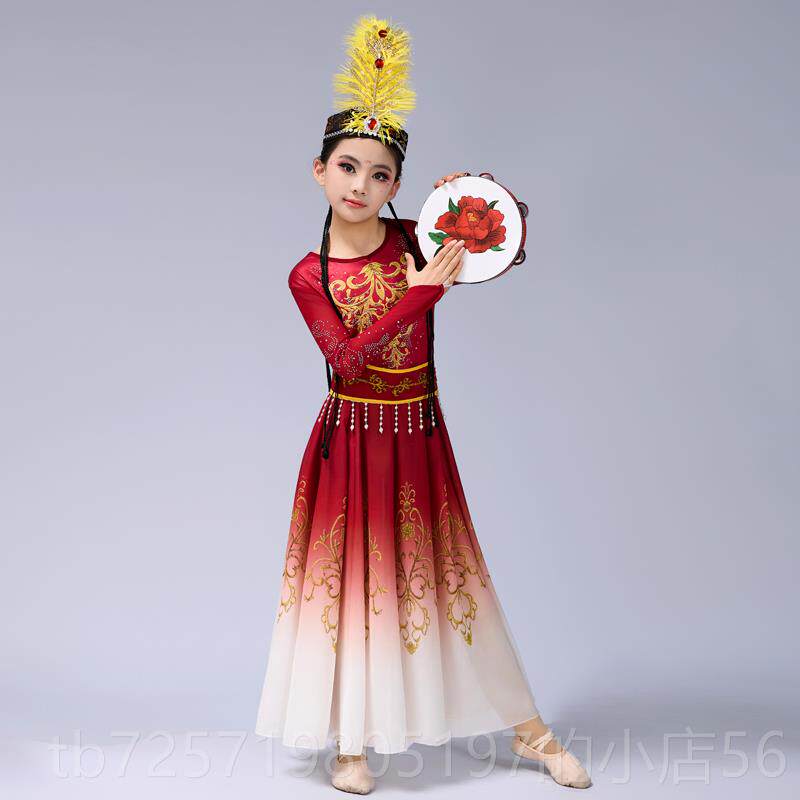 高档儿新款维吾尔族石榴红族了连衣裙服童新疆舞蹈演出族服民维大
