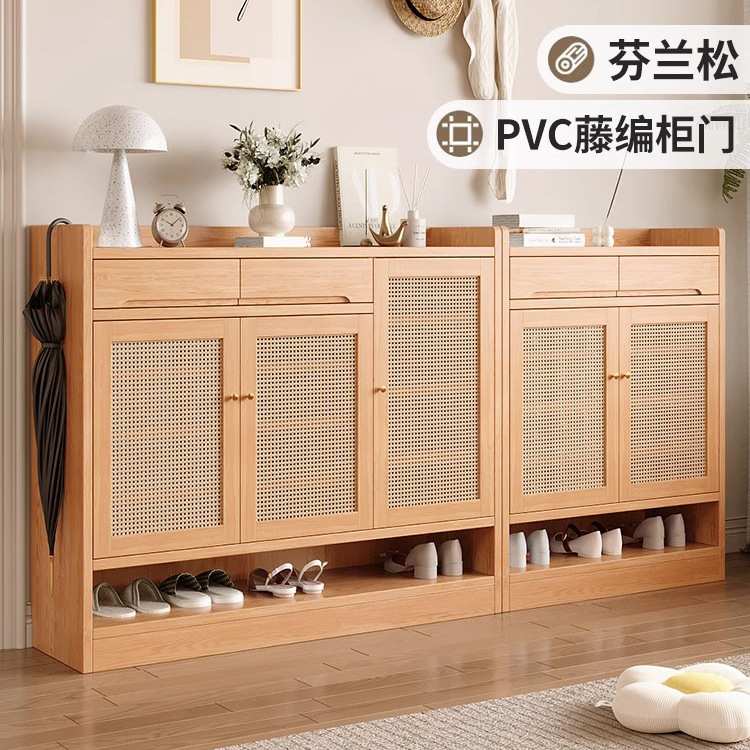 松木藤编鞋柜家用门口入户门玄关柜门外多层走廊用全实木收纳柜