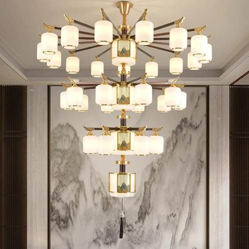 新中式复式楼别墅客厅大吊灯中空楼挑空跃层大厅新中式楼梯大吊灯