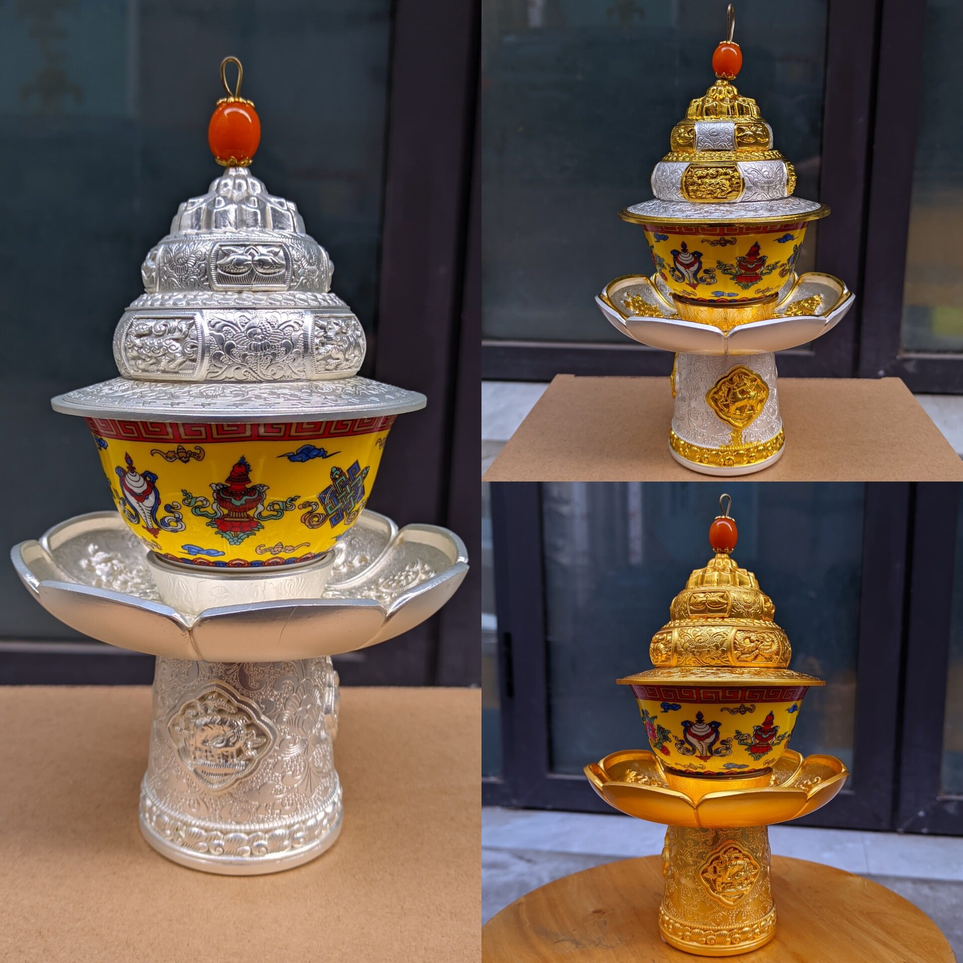 藏式八吉祥高脚贡碗合金茶架陶瓷供碗 佛前用品风水吉祥家居摆件