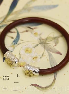 正品2爱玲同 95纯银覆古张金色纯铜花朵 鸡血藤古风款手镯天藤记