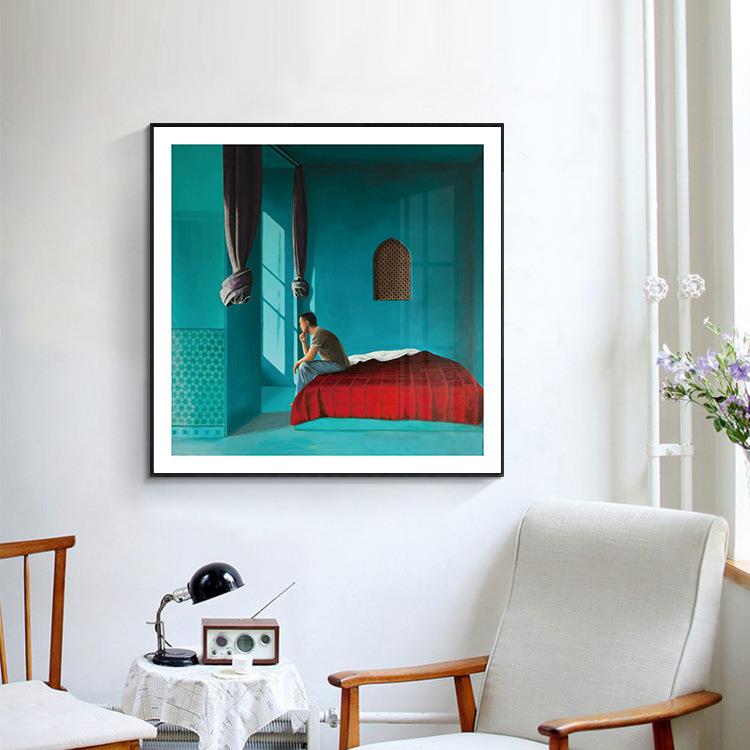 客厅装饰画北欧抽象组合三联画样板房床头挂画现代简约蓝色地中海
