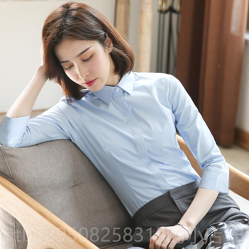 高档衬衫七秋分袖女职白色衬衣气质中袖白衬衣冬业黑蓝正装女款色图片