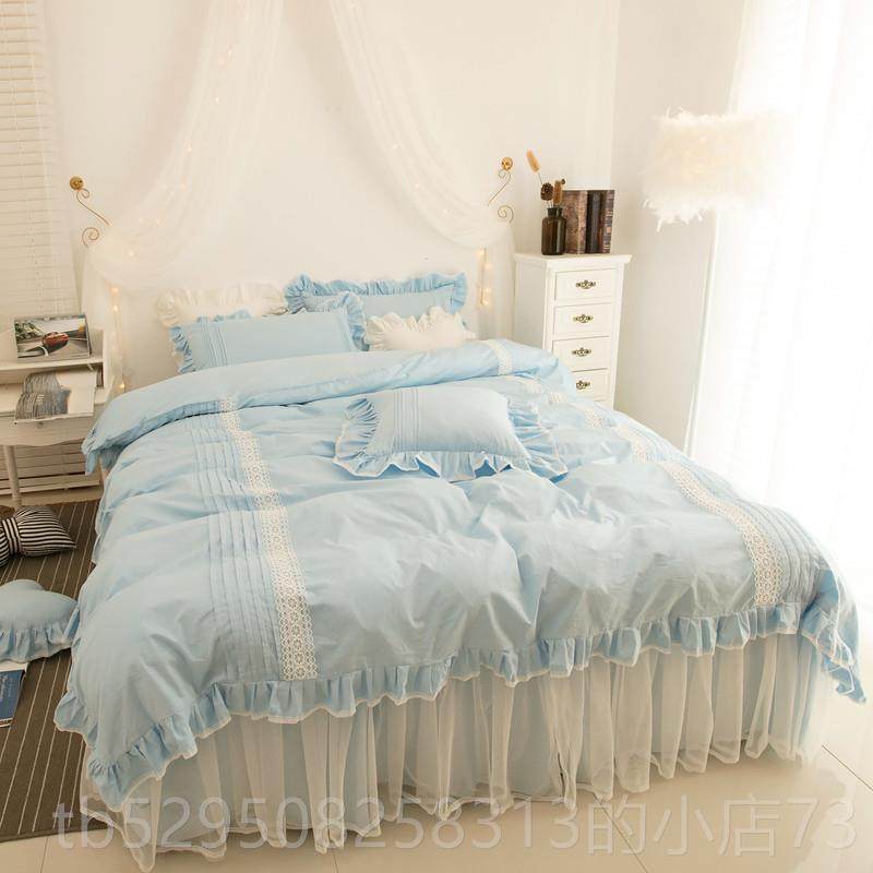 高档韩ins公主风全棉四式件套纯裙棉简约蕾丝花边被套床1.m床8上