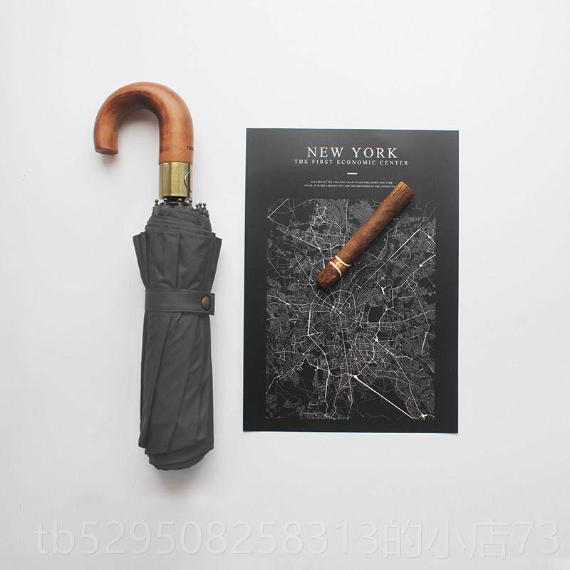 高档士英伦绅雨复古纯实木弯钩加大300T加厚伞女布全自动三折叠男