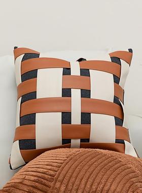 米橙色皮革编织抱枕套档高发轻奢高端酒店样板WPC色间别墅客厅沙