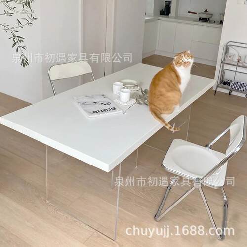 餐桌一体悬浮白色BOE极简亚克力小户型家用简约岛木实台办公桌子