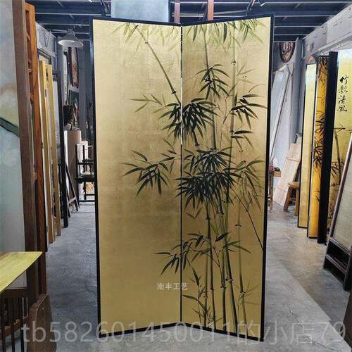 高档中式手绘金箔风竹子屏漆画 画现断隔客厅卧室简约代折叠移动