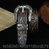 高档覆古唐皮皮雕腰草带头层黄牛皮裤 带立体雕刻植鞣皮皮带真花纹