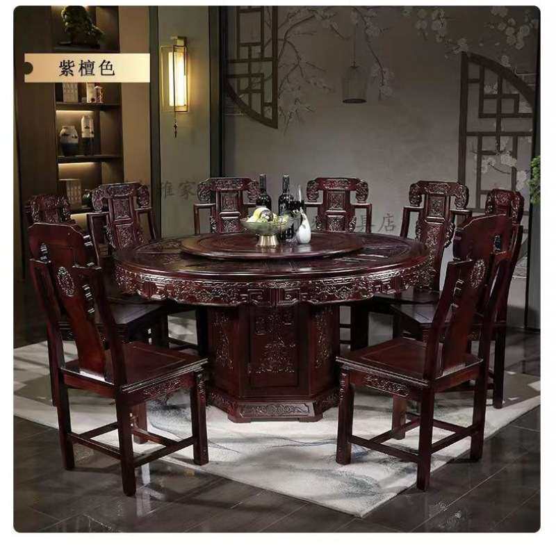 实木餐桌中式圆形花仿古圆桌转盘橡木古典家用餐桌椅组合