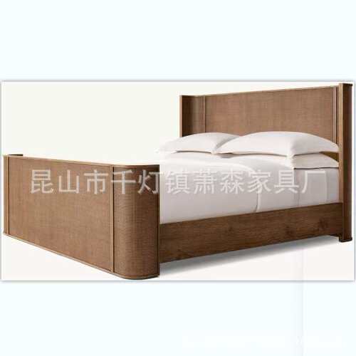 RH美式乡村复古橡木双人床简约现代主卧1.8大床法式高靠背公主床