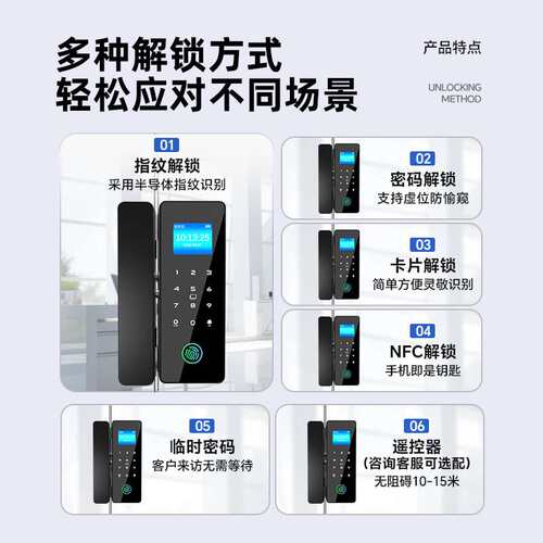 玻璃门密码锁办公室双门双开单开公司商铺有无框智能指纹门锁