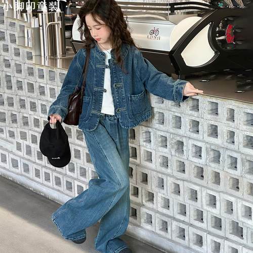 时髦牛仔套装女童国风两件套