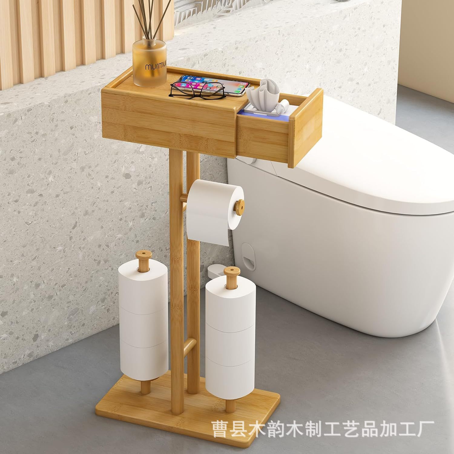 竹制浴室置物架家用可移动可伸缩旋转收纳架卫生间纸巾收纳架