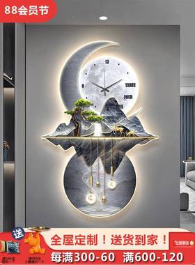 轻奢图玄关装画水画新式带钟AL100126表走廊过道饰挂山画新款墙壁