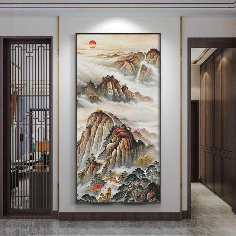 山图日出东方挂画入QYC111QY户玄正对墙关装泰饰画有山无水过道门
