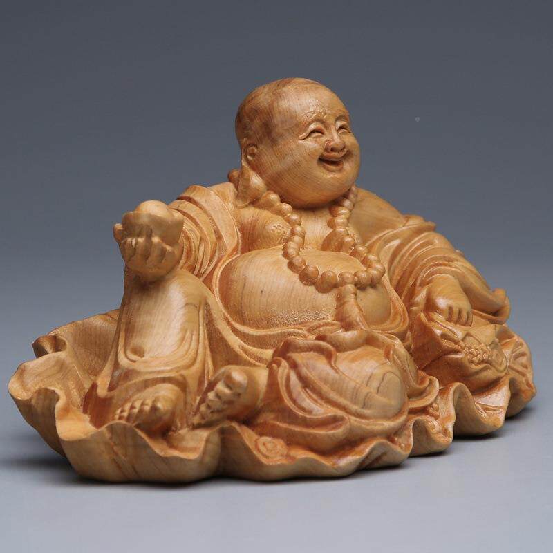 崖柏实雕刻叶摆元宝笑木雕弥勒像工艺品荷文玩居家木艺铭仙苑汽车