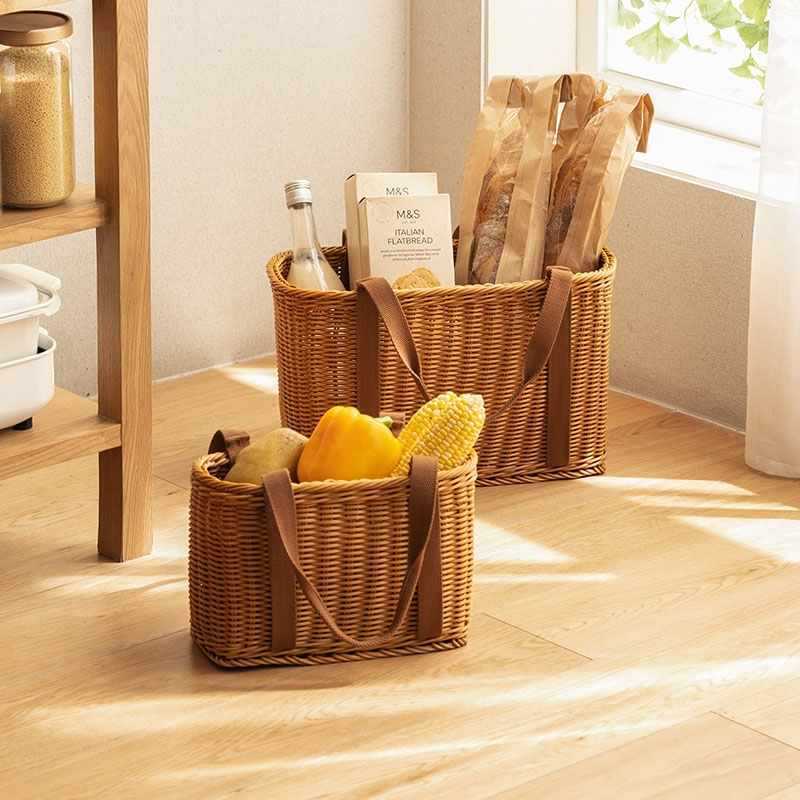春游采摘买菜手提篮洗澡塑料菜篮露营野餐编织篮竹编户外篮子藤编