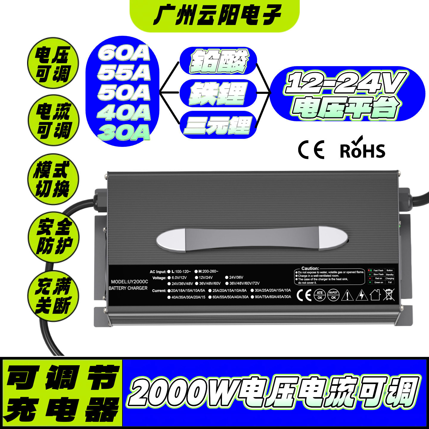 可调电压电流充电器\电压12-24V\电流30-60A\可三种电池切换