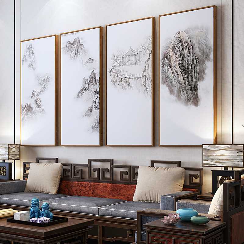 新中式客厅中堂装饰画沙发背景墙四联黑白山水茶室挂画水墨风景画