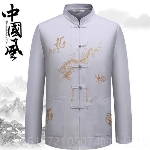 高档中老年人春秋夏装爷唐装男爸长袖衬衫中爷式立领刺绣爸练服汉