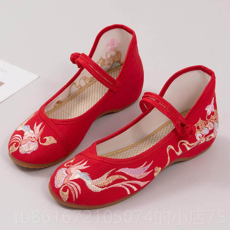 高档汉绣花鞋子新款搭配服古风内增高坡跟族风古民风布鞋时女尚妈