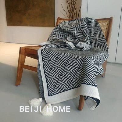 黑几白何针织毯轻软奢装沙发搭毯搭盖巾单人午休毛毯BNU复古毯披