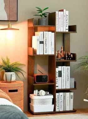 实木书架置物落地卧简易家用客厅FMM室形靠墙花架简约创意树小架