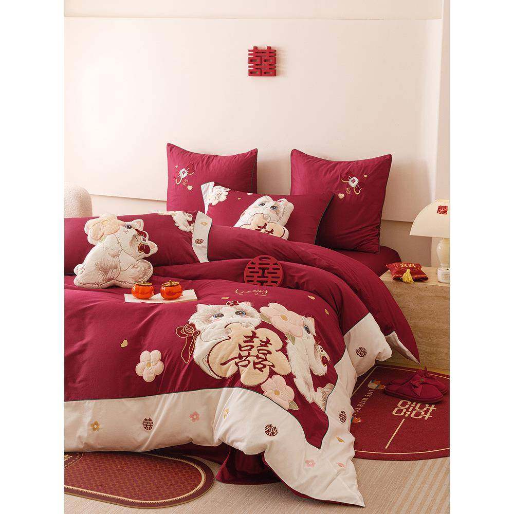 可爱猫陪咪贴布绣红色被套四结婚件套床上用品100SHQ1398喜被婚庆,床上用品,婚庆床品套件,淘宝优惠券,粉丝福利购,淘宝优惠卷