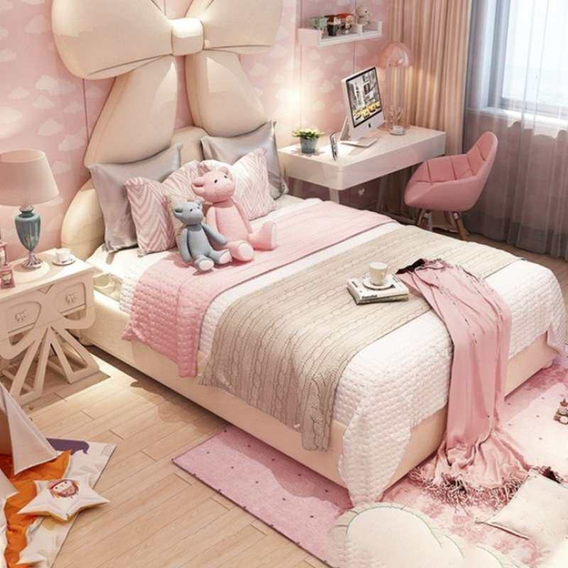 女生皮艺床儿童床女孩卧室韩式少女心蝴蝶结粉白色创意软床公主床