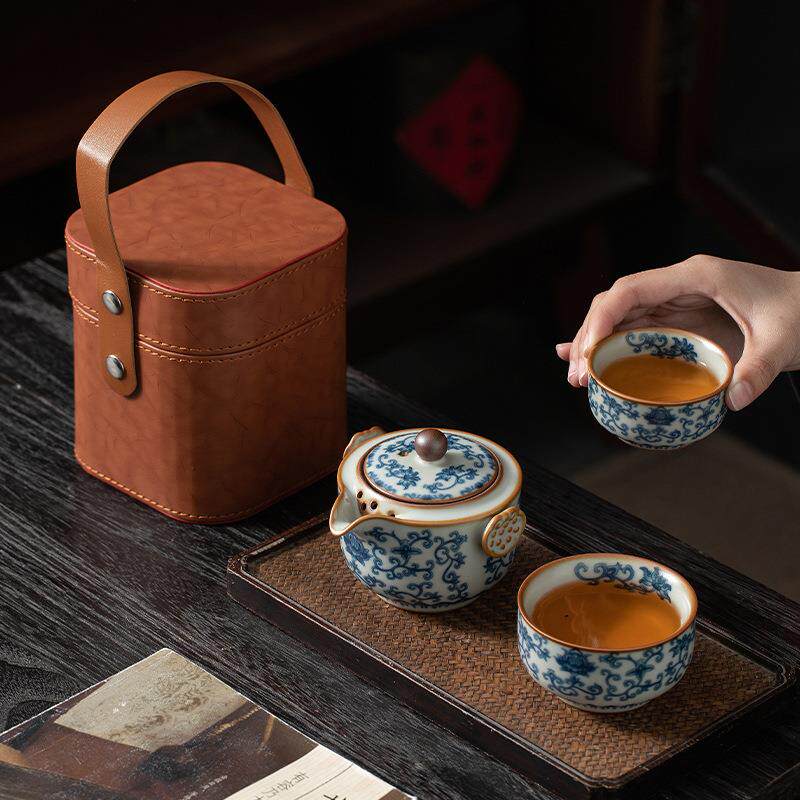 青花汝窑便携式旅行茶具套装手抓泡茶壶茶杯单个人专用露营快客杯