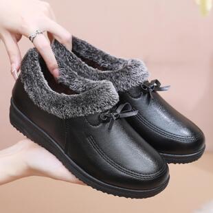 棉鞋 防滑平底加绒老年鞋 冬季 女中老年保暖鞋 女 软底舒适皮鞋 妈妈鞋
